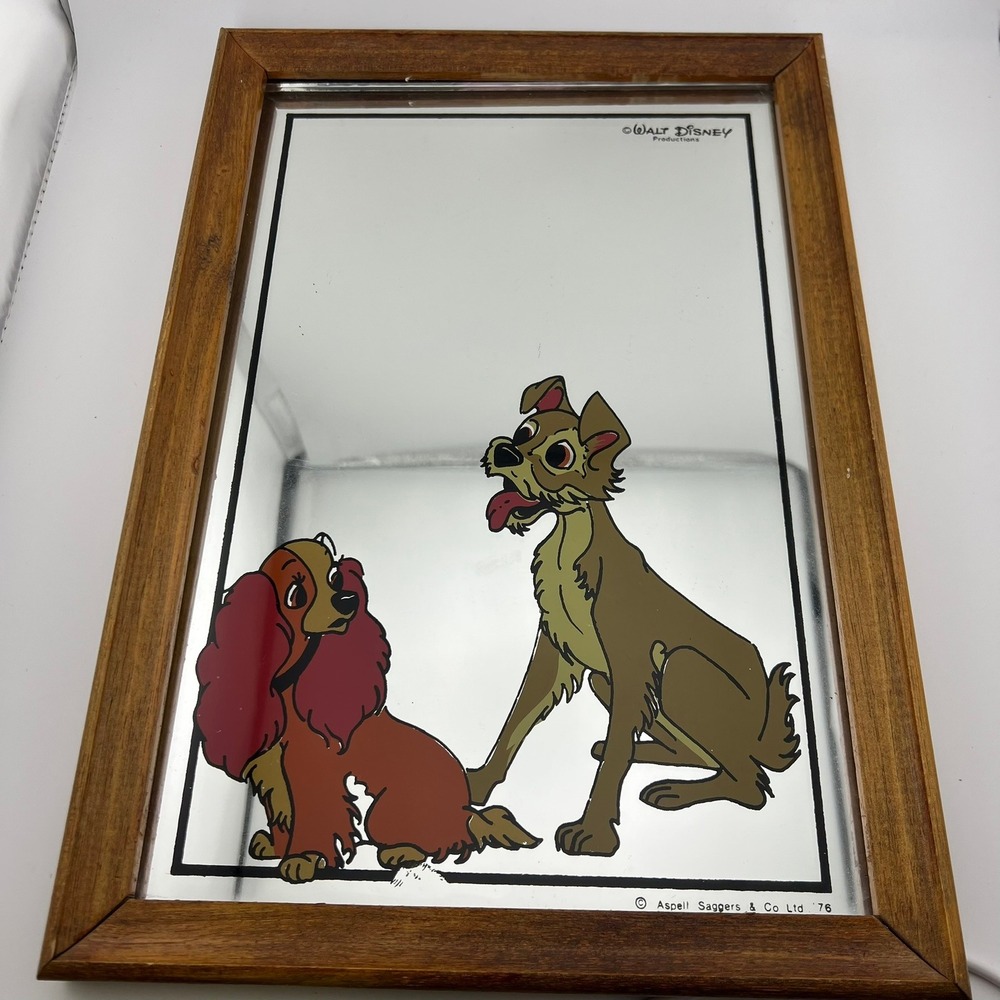 Vintage 1976 Disney Lady & the Tramp Mirror Wood‎ Frame Aspell Saggars